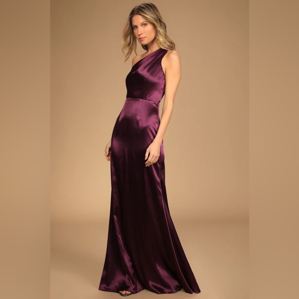 Lulu’s On The Guest List Plum Satin One-Shoulder Maxi Dress